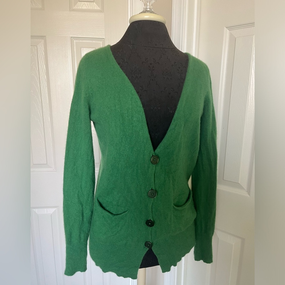 100% Cashmere White + Warren Green Emerald Sweater Cardigan Button